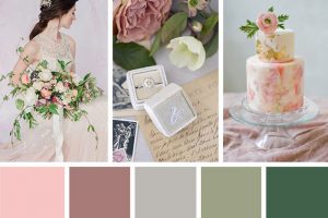 Wedding dress, decor and wedding cake in spring color palette of pink and green