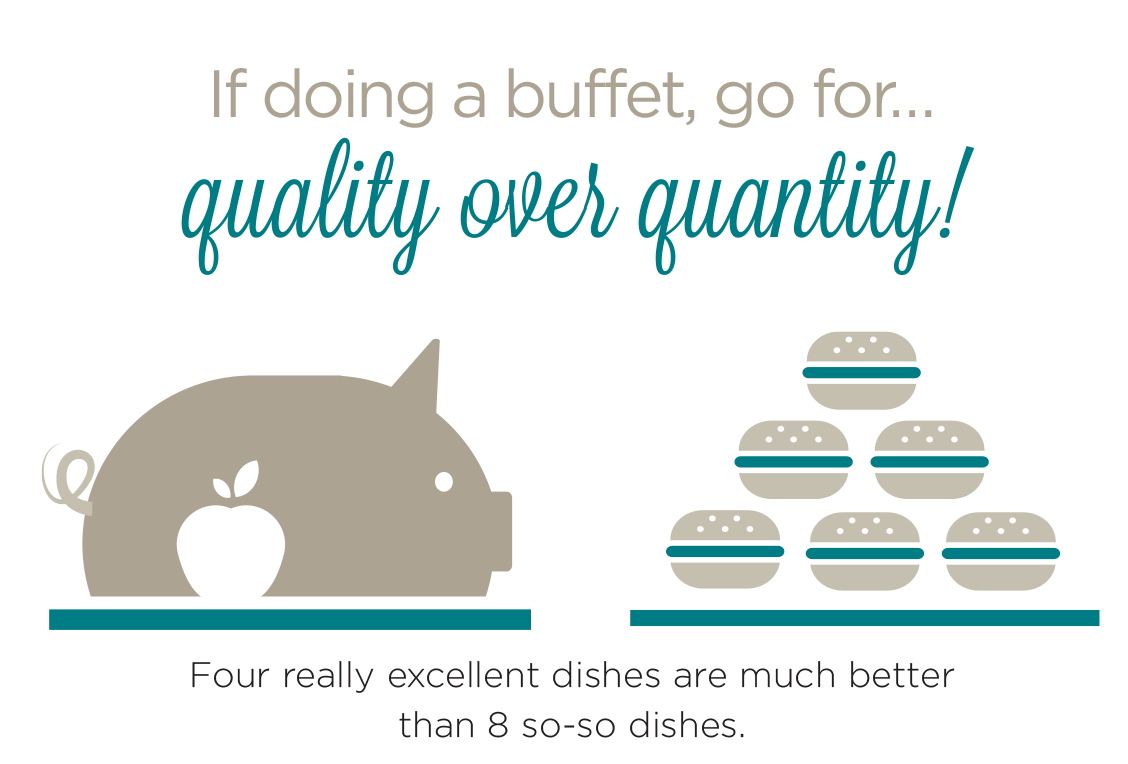 If doing a buffet, go for quality over quantity.  Four really excellent dishes are much better than 8 so-so dishes.